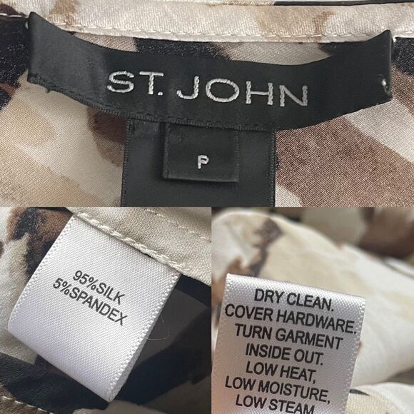 ST JOHN Sleeveless Silk Draped Printed Blouse Tank Top White Tan Black XS/S - Picture 8 of 8